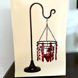 Red Glass Beaded Chandelier Votive Candle Holder On Stand. NEW IN BOX.